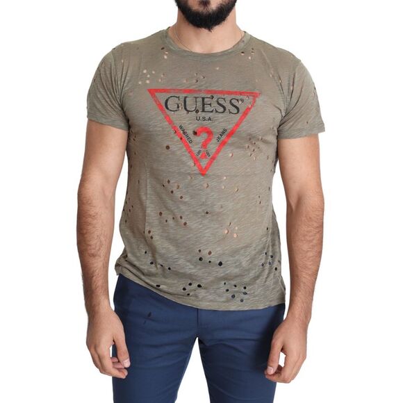 Guess Brown Cotton Stretch Logo Print Men Casual Perforated Men's T-shirt